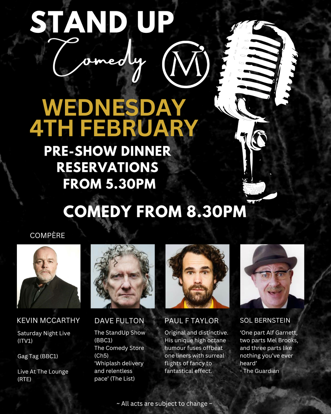 Dining for Two on Comedy Night ~ Wednesday 4th Feb
